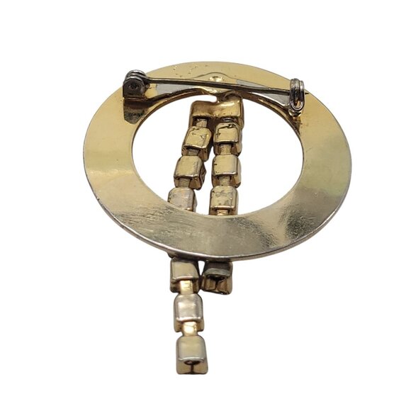 Vintage Gold Tone Circular Brooch With Rhinestone Dangling Accents - Picture 4 of 9